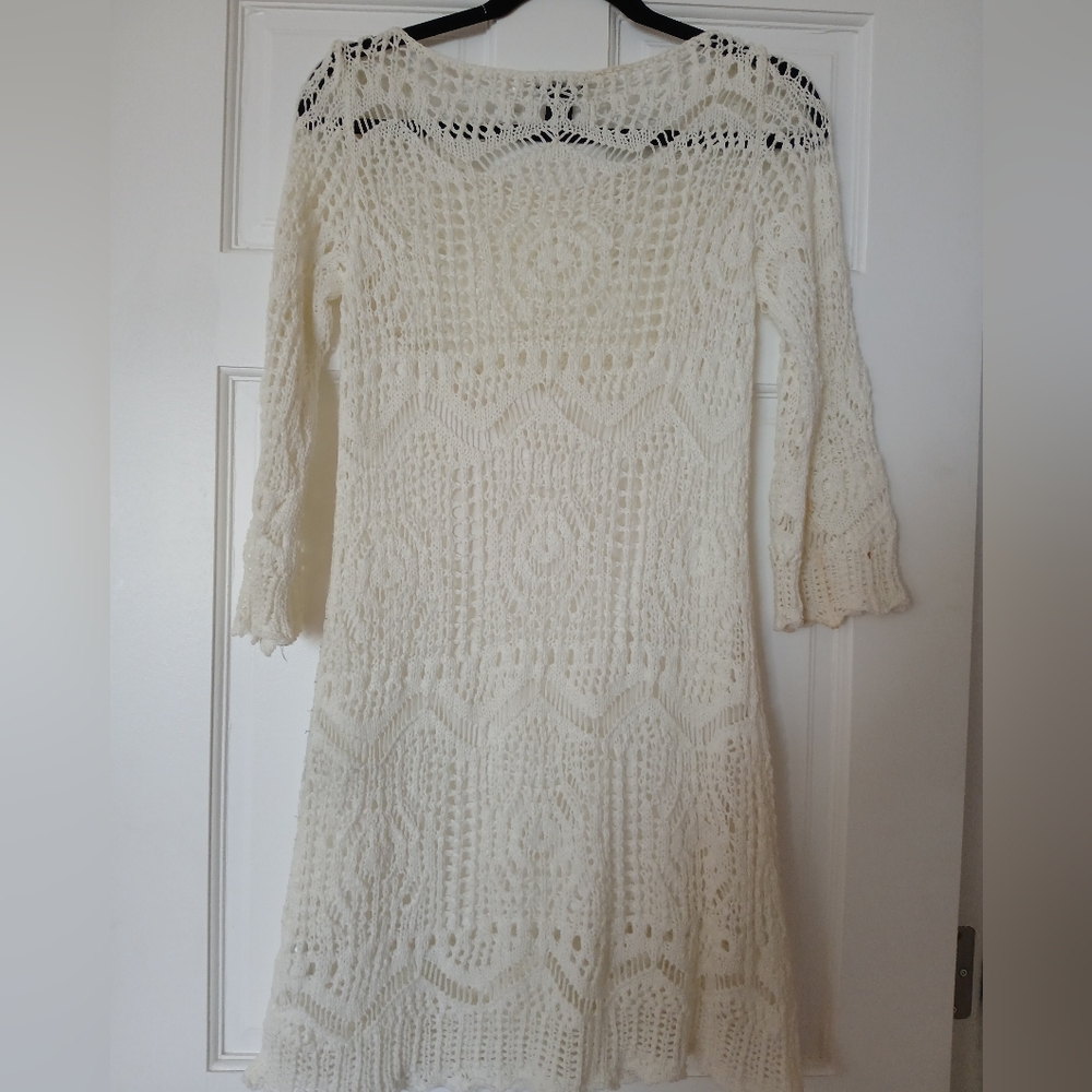New-Crochet Poly Knit Boho Stretch-Slip Lined Cream/Off White Dress Oversized - Picture 6 of 11